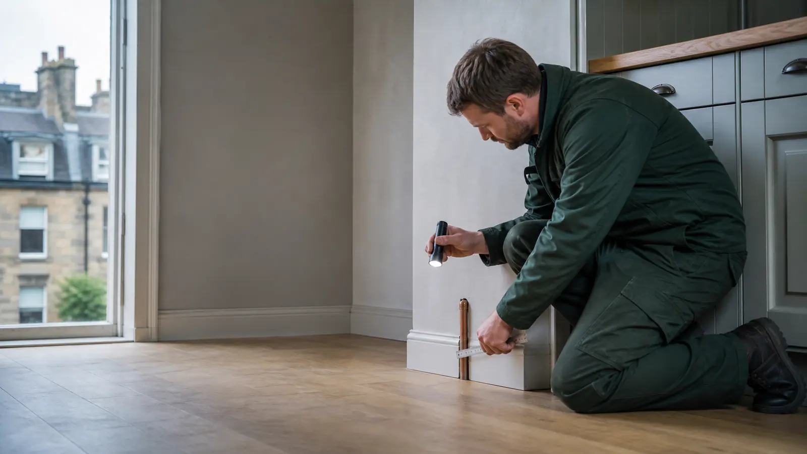 Technician checking a pipe opening at floor level
